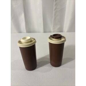 Vintage Tupperware 1970's Brown & Tan Salt & Pepper Shakers Flip-Top Lids Retro
